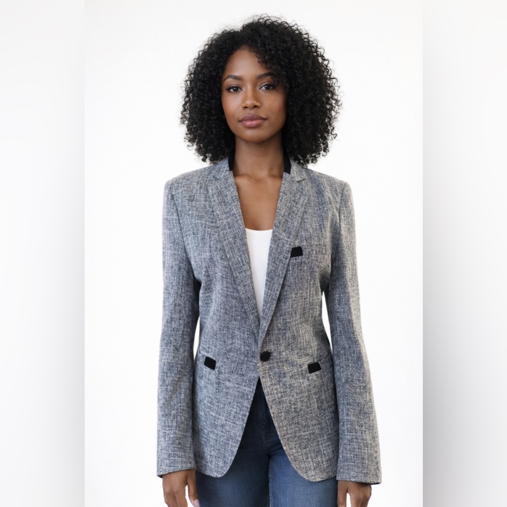 Boutique Tweed Blazer Navy Black Velvet Trim Tailored Career Jacket Size 6